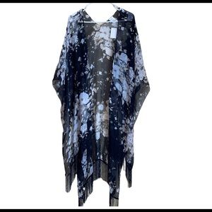 Blk and Floral Fringe Long Sheer Wrap/Kimono Tall